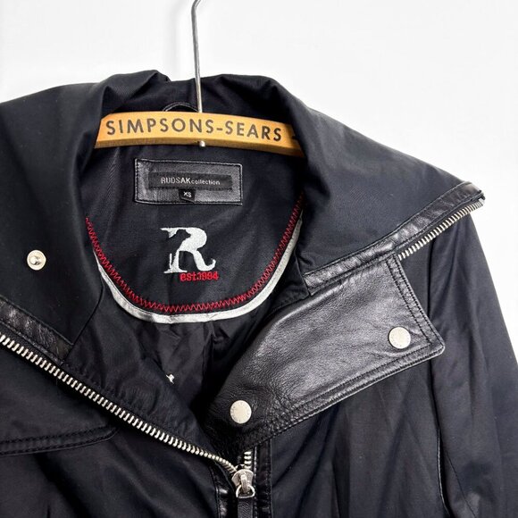 RUDSAK Womens Black Leather Sleeve Nylon Zip Jacket XS Fall - Picture 3 of 7